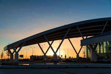 Exterior view of Platov international airport in Rostov-on-Don, Russia at sunset