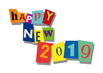 happy new year 2019, word and text cut from paper, in flat design