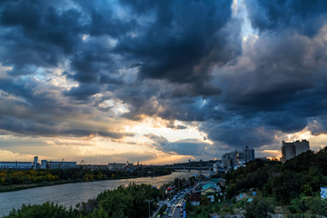Panorama of Rostov-on-Don, Russia and river Don with cloudy sky
