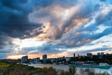 Panorama of Rostov-on-Don, Russia and river Don with cloudy sky