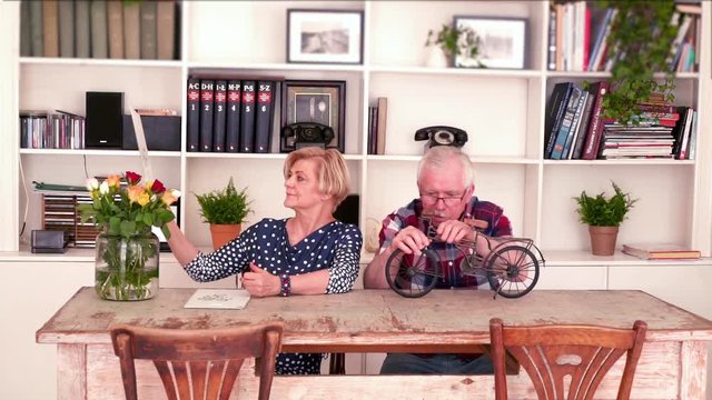 Senior couple during domestic activities: woman looking at ornament template, man repair shelf decoration at home
