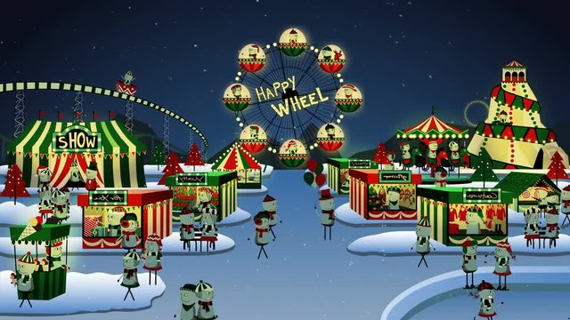 Cute winter carnival on night, Cartoon animation looping.