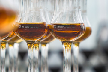 Dear Scotch whiskey in branded glasses on a high leg.