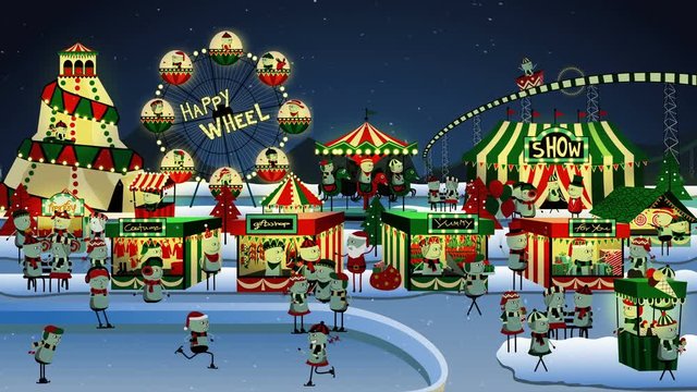 Cute winter carnival on night, Cartoon animation looping.