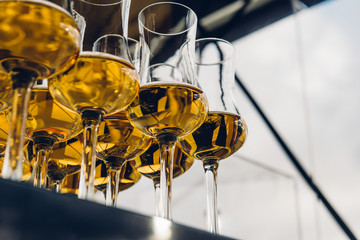 Dear Scotch whiskey in branded glasses on a high leg.