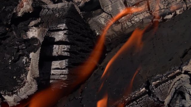 In the middle of fire. Flame and smoke waving against burnt firewoods. Extreme close up slow motion shot. Shooting with high-speed camera.

