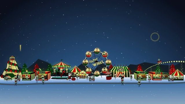 Cute winter carnival on night, Cartoon animation looping.