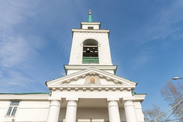 Facade of the Holy Trinity Cathedral (1836) of the Krasnoyarsk city, in the spring afternoon. Krasnoyarsk Region. Russia.