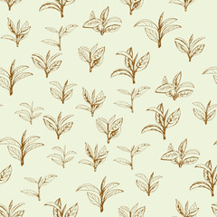 seamless pattern of tea, leaves and branches, hand-drawn - 235127777