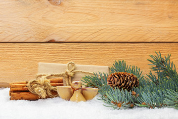 Christmas greeting card, Christmas decoration on fir tree in the snow