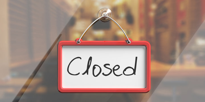 Closed text. Sign with red frame hanging on glass window. 3d illustration