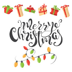 Merry Christmas card with gift boxes and garlands