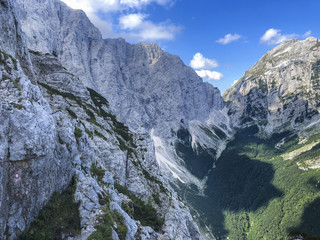North wall of mount Triglav with silhouette called sphinx in Slovenian alps.
