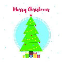 Merry Christmas greeting postcard with christmas fir and text flat style vector illustration. Celebrating christmas and happy new year card with gifts and tree isolated on snowflakes background.