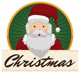 Surprised Santa over Greeting Scroll for Christmas Celebration, Vector Illustration