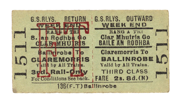 Old Train Ticket Irish Ireland Vintage Fahrschein Zug Bahn Irland alt grün vorne