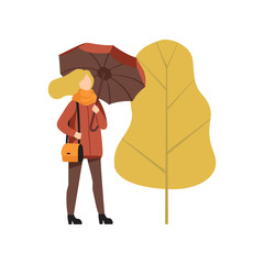 Young woman walking with umbrella in autumn outwear casual clothes vector Illustration on a white background