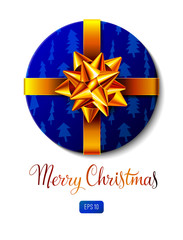 Wrapped round gift box isolated on white background. Top view. Blue color present with gold ribbon. Merry Christmas decoration. Xmas design. Vector illustration. EPS 10