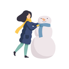 Happy girl making snowman, winter time activities vector Illustration on a white background