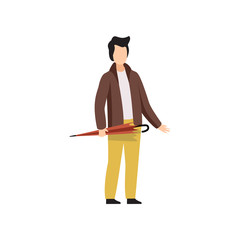 Young man standing with umbrella in autumn outwear casual clothes vector Illustration on a white background