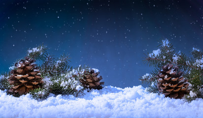 Holiday Winter Night With Snow and Stary Sky