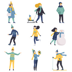 Winter time set, people dressed in outerwear walking, skiing, ice skating, making snowman vector Illustration on a white background