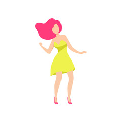 Pretty girl in yellow dress dancing at party, young woman having fun at nightclub vector Illustration on a white background