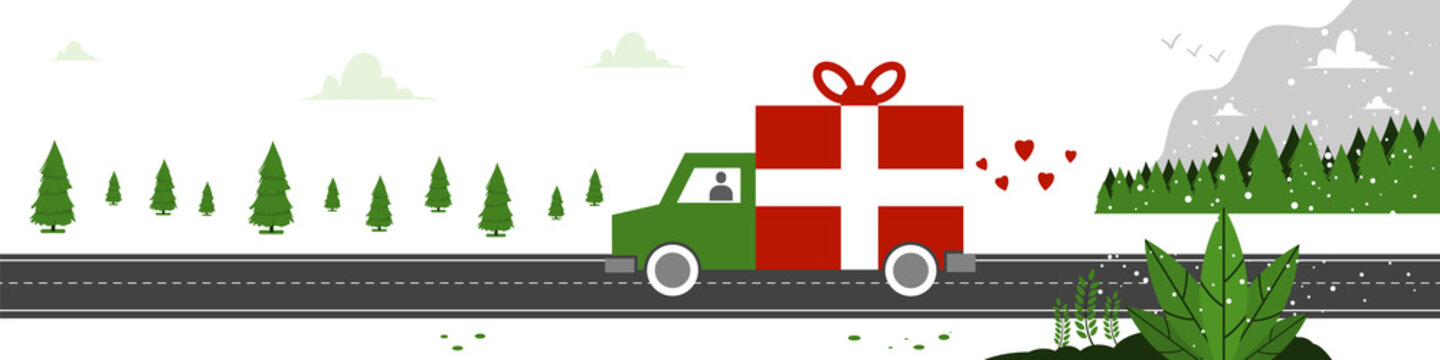 Christmas shipping. Vector concept illustration of holiday delivery with gift truck and winter landscape.