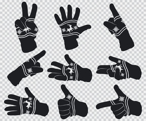 Fototapeta premium Winter gloves with reindeer and snowflakes. Hand gestures black silhouette vector set isolated on transparent background.