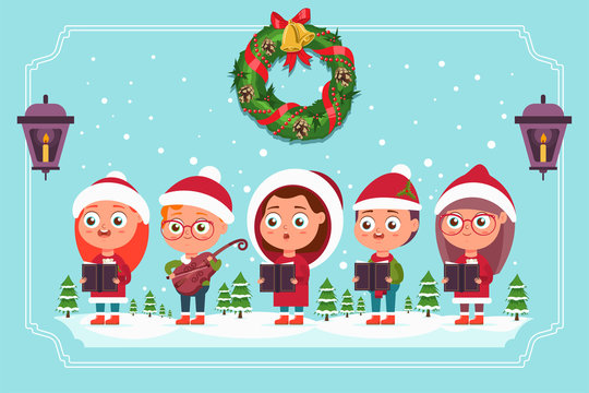 Christmas Carols. Cute kid choir in Santa hat with violin and books. Vector cartoon illustration isolated on a winter landscape.