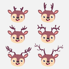 Cute deer faces with different horns. Vector cartoon funny reindeer head character set isolated on background.