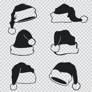 Santa Claus hats black silhouettes vector set isolated on a transparent background.