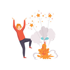 Young man having fun while watching explosion of firework rocket, people celebrating holiday with fireworks vector Illustration on a white background