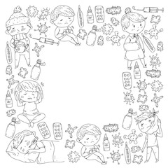 Children medical center. Healthcare illustration. Doodle icons with small kids, infection, fever, cold, virus, illness.