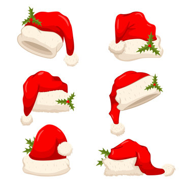 Santa Claus hat with holly berry leaves set. Vector cartoon Christmas cap illustration isolated on a white background.