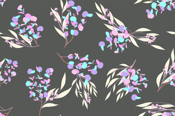 Fototapeta na wymiar Eucalyptus Vector. Colorful Seamless Pattern with Vector Leaves, Branches and Floral Elements. Elegant Background for Wedding Design, Fabric, Textile, Dress. Eucalyptus Vector in Pastel Color Design.