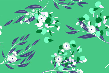 Tropical Seamless Pattern. Vector Eucalyptus Leaves and Beautiful Floral Elements. Botanical Summer Background. Elegant Tropical Seamless Pattern for Wedding Design, Print, Textile, Fabric, Wrapping.