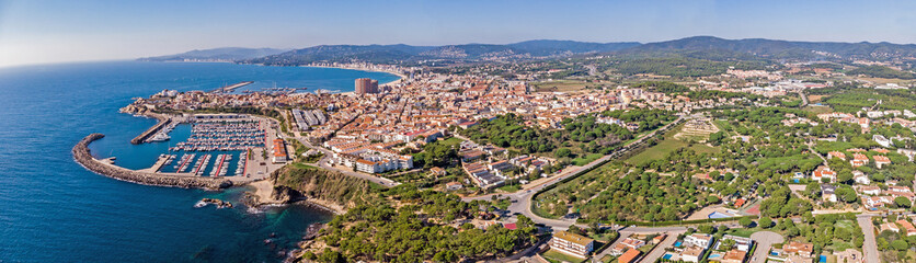 Fototapeta na wymiar Aerial drone panoramic picture from small town Palamos from Spain, in Costa Brava