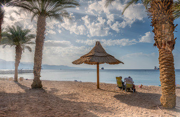 Resting coastal area in Eilat - famous tourist resort and recreation city in Israel and Middle East