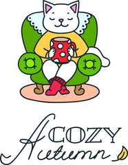 Cozy autumn. Doodle illustration of cute white cat sitting in the armchair with cup of hot drink wearing warm sweater. Vector 8 EPS