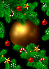 Vector New Year and Christmas background. Fir tree branches decorated with christmas ornaments, stars, candy canes and snowflakes. Big gold christmas ball isolated on black with place for your text.