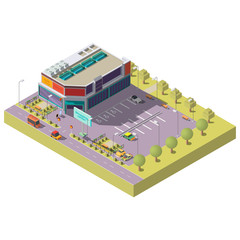 Modern mall, shopping center or supermarket with cars on big parking isometric projection vector. Modern city commercial building, object of trade 3d illustration. Urban environment design element