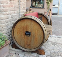 Bench made with a wine cask in Montefalco, Umbria (Italy), a medieval town that is famous for the...