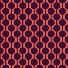 Circles on vertical guide lines with shadows. Seamless abstract pattern. Orange and dark purple.