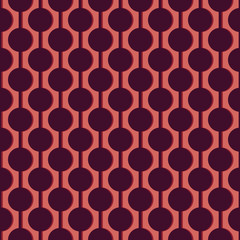 Circles on vertical guide lines with shadows. Seamless abstract pattern. Orange and dark purple.