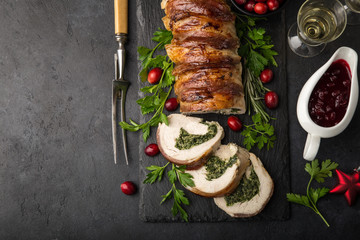 bacon wrapped turkey breast stuffed with spinach and cheese for Christmas dinner