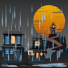 spooky housed in rainy day vector illustration