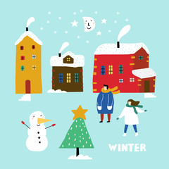 Winter set whit old city, people, Christmas tree and happy snowman . Trendy retro style. Winter set.