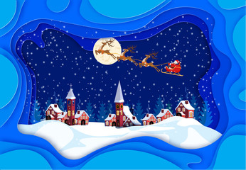 Merry Christmas and Happy New Year. Greeting card in frames with shadows. Santa Claus, moon, snow, houses, church. illustration