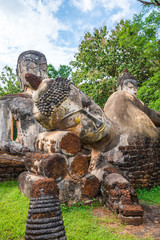 Big three antique sitting and sleeping buddha in world heritage Kamphaeng Phet historical park, Thailand. Wat phra kaew temple.